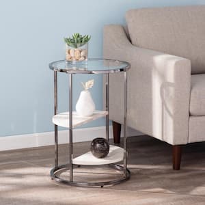 Rudola High Gloass Black and Faux Travertine Round Side Table