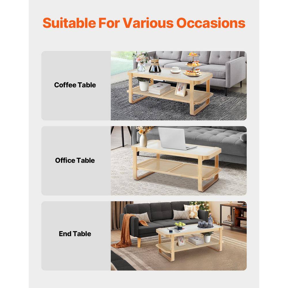 Natural Pine Wood and Glass Rectangular Coffee Table with Storage