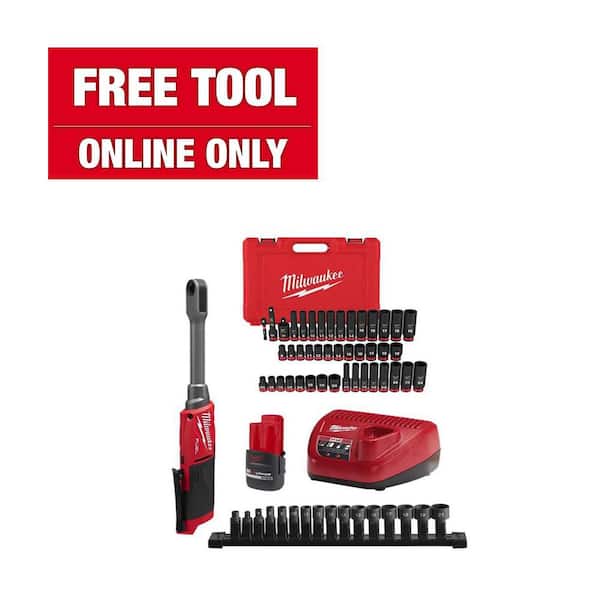 Milwaukee M12 12V FUEL 1/4 in.-3/8 in. Lithium-Ion INSIDER Extended Reach Box Cordless Ratchet Kit w/6 Pt Impact Socket Set