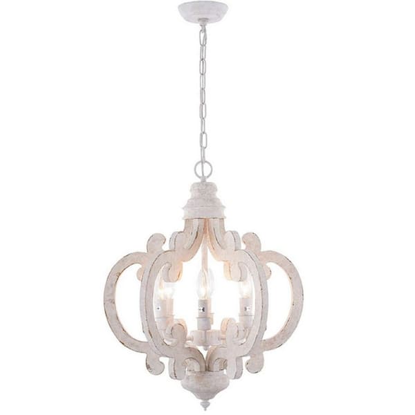OUKANING 19.7 in. 6-Light White Vintage Farmhouse Cage Pendant Light with Wood Shade