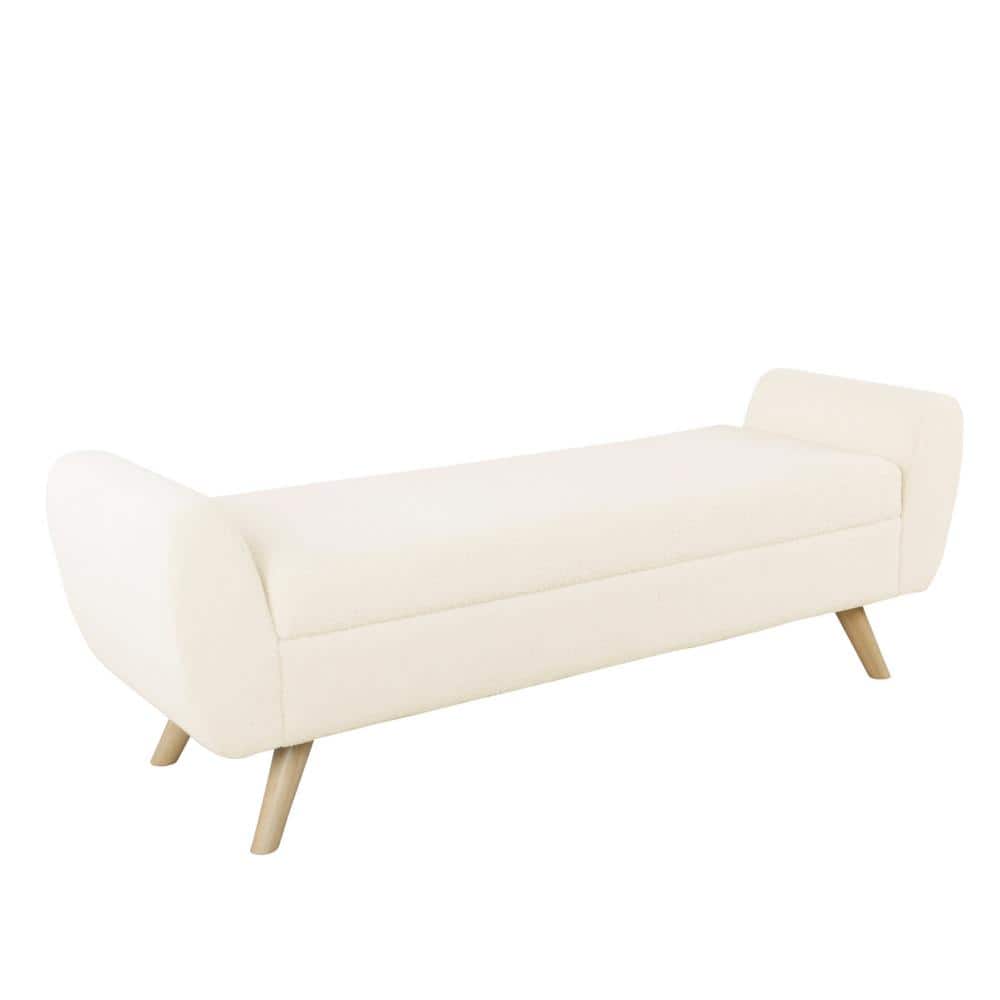 Cream Faux Shearling Storage Bench with Wood Legs