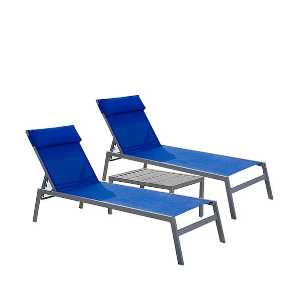 Sudzendf Blue 3-Pieces Adjustable Backrest Lounge Chairs Steel Textilene Recliner with Headrest (2-Lounge Chairs - 1-Table)