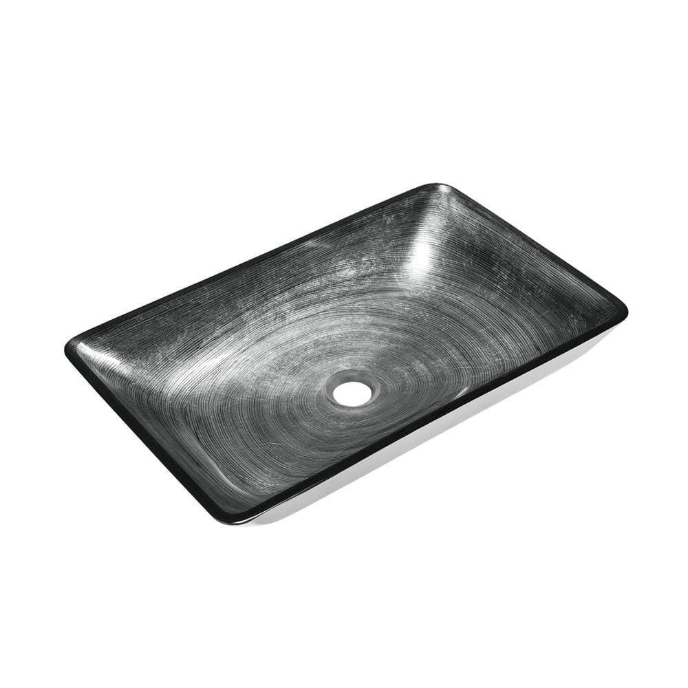 Smoky Gray Rectangular Glass Vessel Sink with Waterfall Faucet