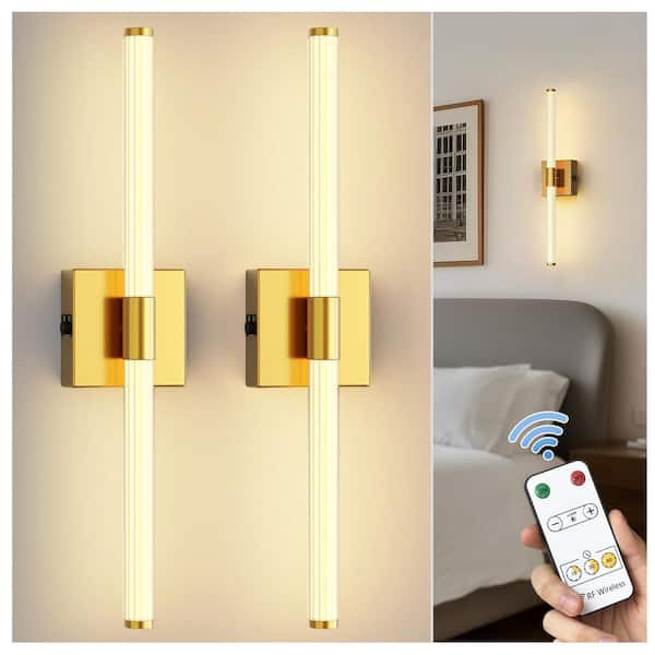 24 in. Gold 1-Light LED Wall Sconce Set of 2, Rechargeable Vanity Light Bar for Living Room, Bathroom