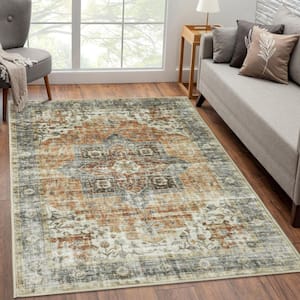 Taupe 6 ft. x 9 ft. Washable Distressed Floral Vintage Persian Area Rug