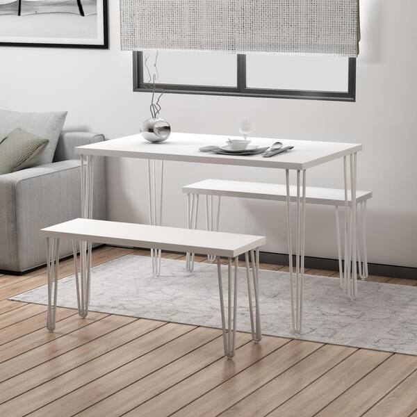 White Dining Table Set With 2 Benches, Dining Room Couch Benchtop Table