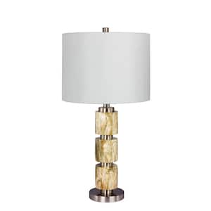 27 in. Stacked Resin and Metal Table Lamp in a Brushed Steel with Brown Faux Marble