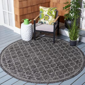 Courtyard Black/Gray 7 ft. x 7 ft. Dotted Clover Indoor/Outdoor Patio  Round Area Rug