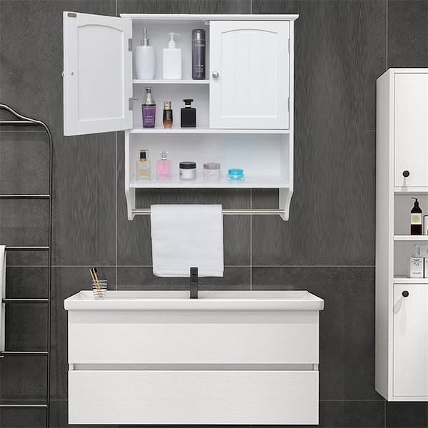 Dracelo 23.6 in. W x 7.9 in. D x 27.6 in. H White Wood Wall Mounted Bathroom Storage Wall Cabinet with Shelves and Towels Bar