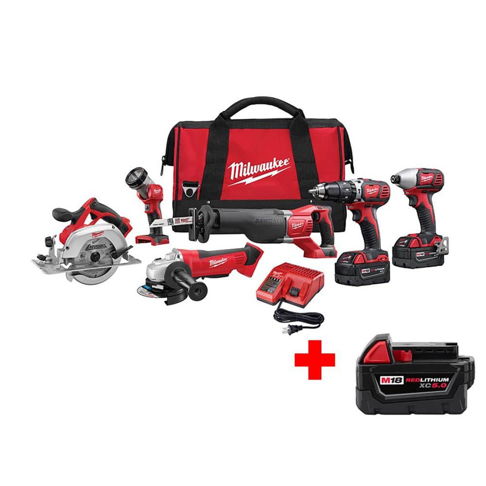 Milwaukee M18 18V Lithium-Ion Cordless Combo Kit (6-Tool) with 5.0Ah Battery -  2696-26-X2