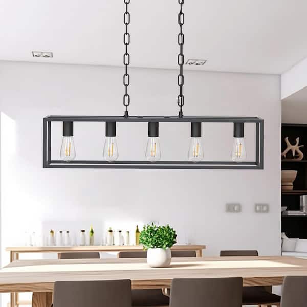 5-Light Matte Black Modern Linear Chandelier Industrial Dining Room Pendant Light Fixtures for Living Room Foyer Bar