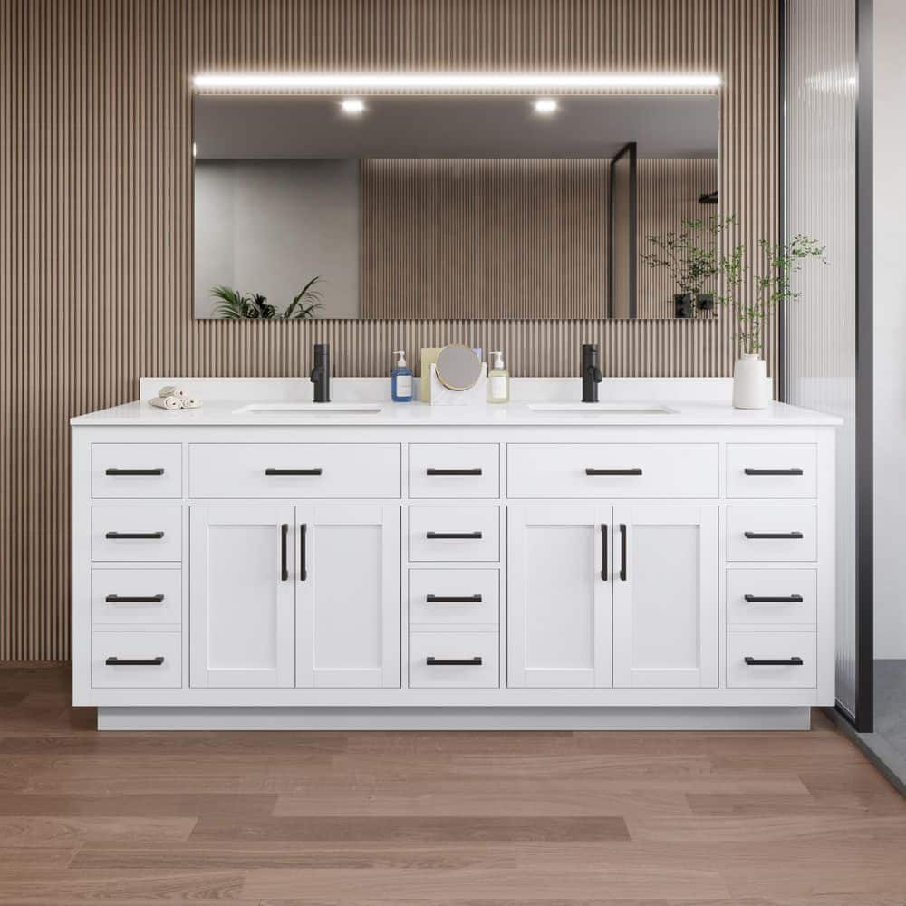 Beckett TK 84 in. W x 22 in. D x 35 in. H Double Sink Bath Vanity in White with Matte Black Trim White Quartz Top price history on PriceWatchPro