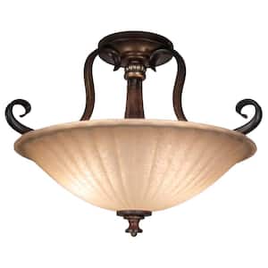 Reims 17 in. 2-Light Antique Bronze Semi-Flush Mount with Tea Stained Glass Shade