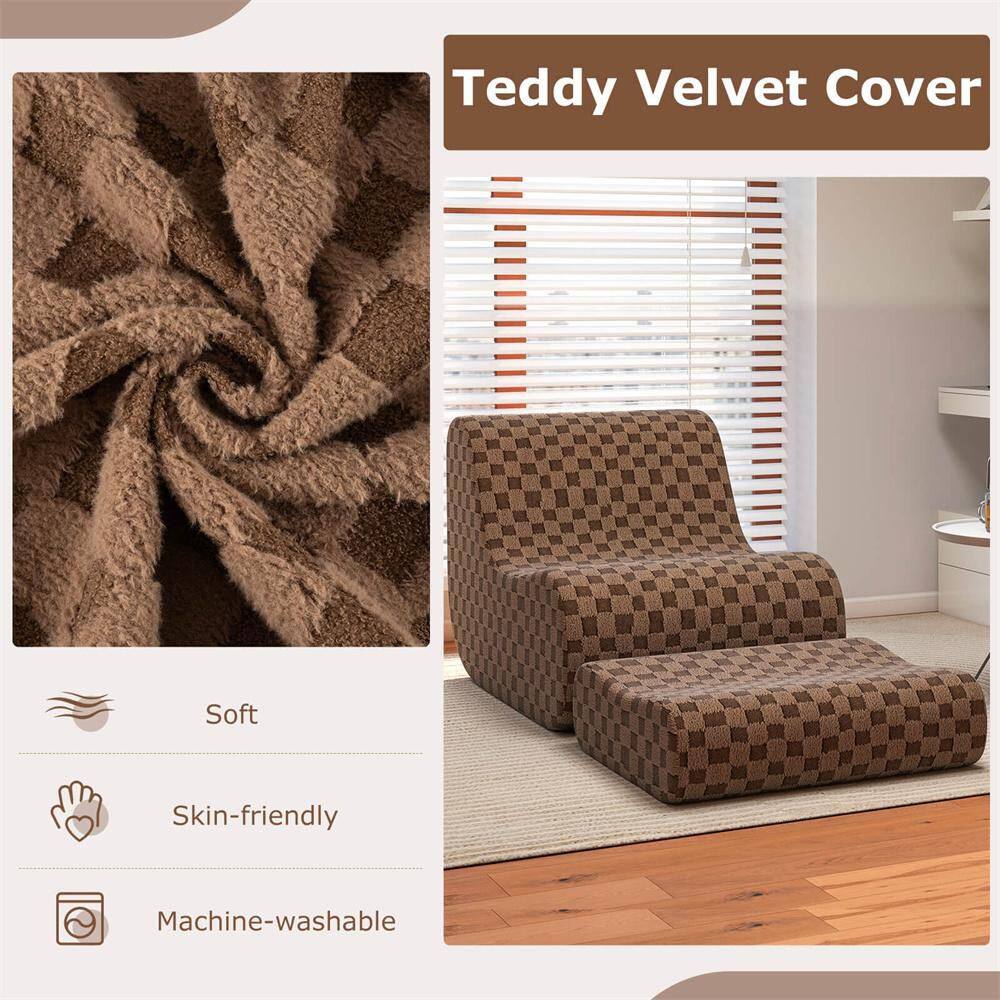 Close-up of the brown checkerboard teddy velvet fabric texture.