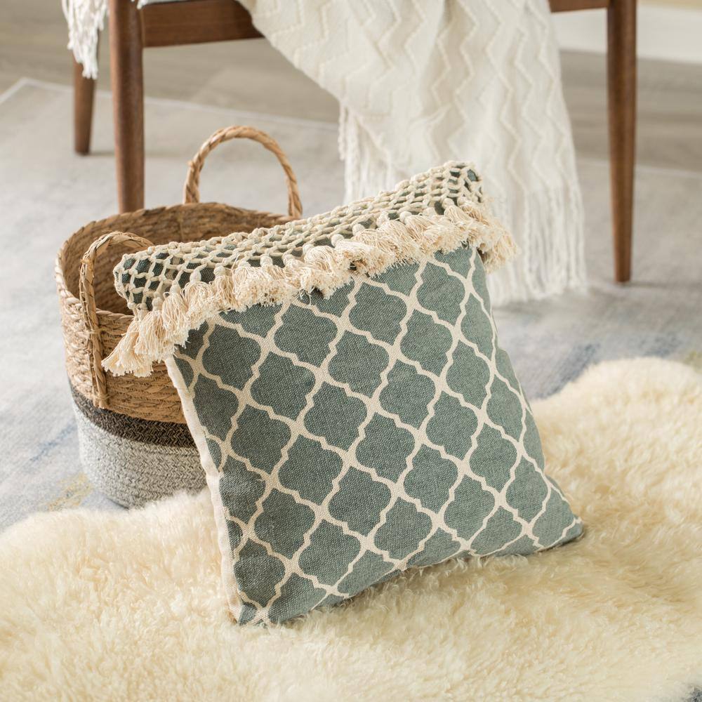 Handwoven Green Cotton Throw Pillow with Tasseled Trim