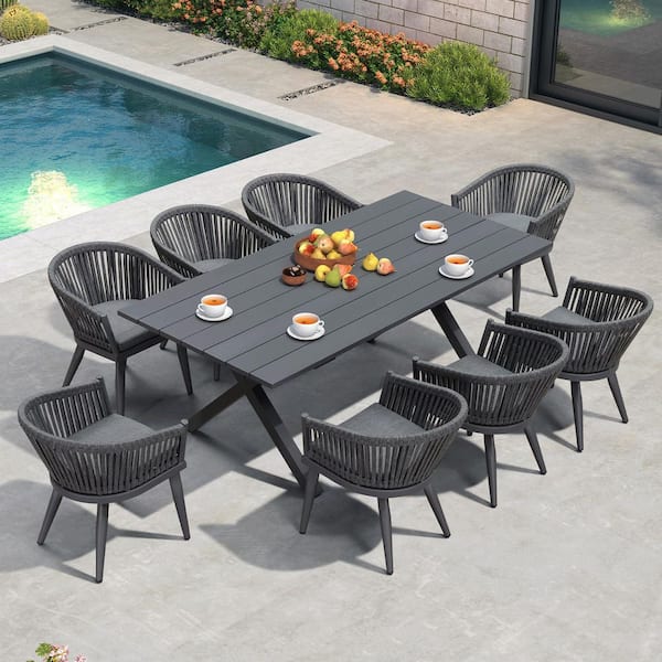 9-Piece Aluminum All-Weather PE Rattan Rectangular Outdoor Dining Set with Cushion, Grey