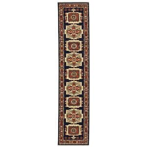 Lillian Blue/Red 2 ft. x 12 ft. Bohemian Oriental Wool/Nylon Blend Fringed-Edge Indoor Runner Area Rug