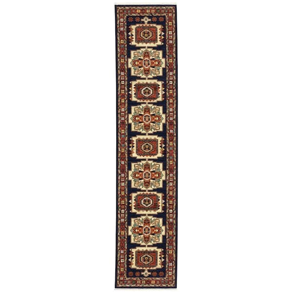 AVERLEY HOME Lillian Blue/Red 2 ft. x 12 ft. Bohemian Oriental Wool/Nylon Blend Fringed-Edge Indoor Runner Area Rug