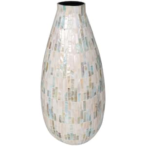 White Handmade Mosaic Inspired Mother of Pearl Decorative Vase with Pastel Blue and Pink Accents