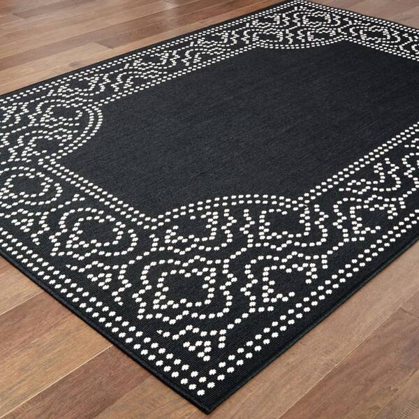 Black, Ivory 2 ft. x 4 ft. Loomed Border Polypropylene Rectangle Indoor/Outdoor Area Rug