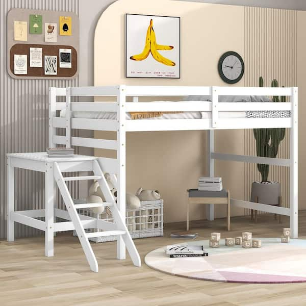 Harper & Bright Designs White Wood Frame Full Size Low Loft Bed with ...