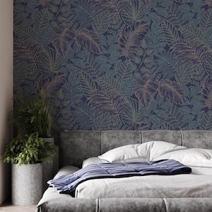 Superfresco Easy Scattered Leaves Blue/Copper Metallic Non-Pasted Paper Wallpaper