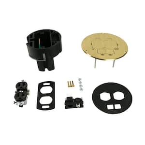 Wiremold Dual Service Floor Box Kit with Duplex Receptacle and RJ45 Cat 5e Jack, Coax F Connector, Brass Cover