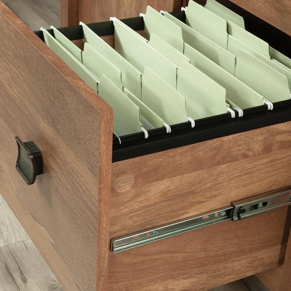 Small Brown Wood Credenza with Drawers and Keyboard Tray