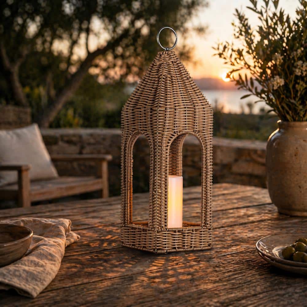 ALOA DECOR H17'' Natural Rattan Solar Lantern with LED Flameless