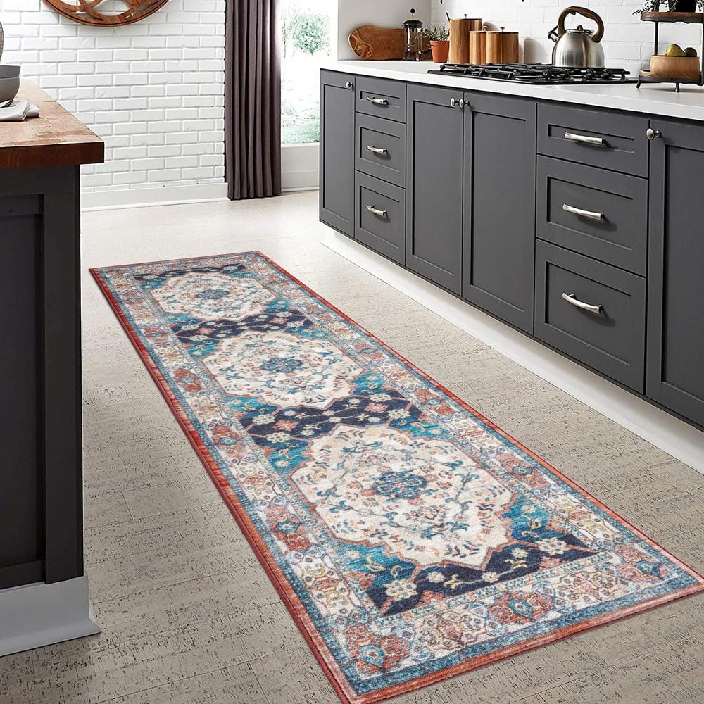 Ivory and Navy Medallion Polyester Washable Area Rug