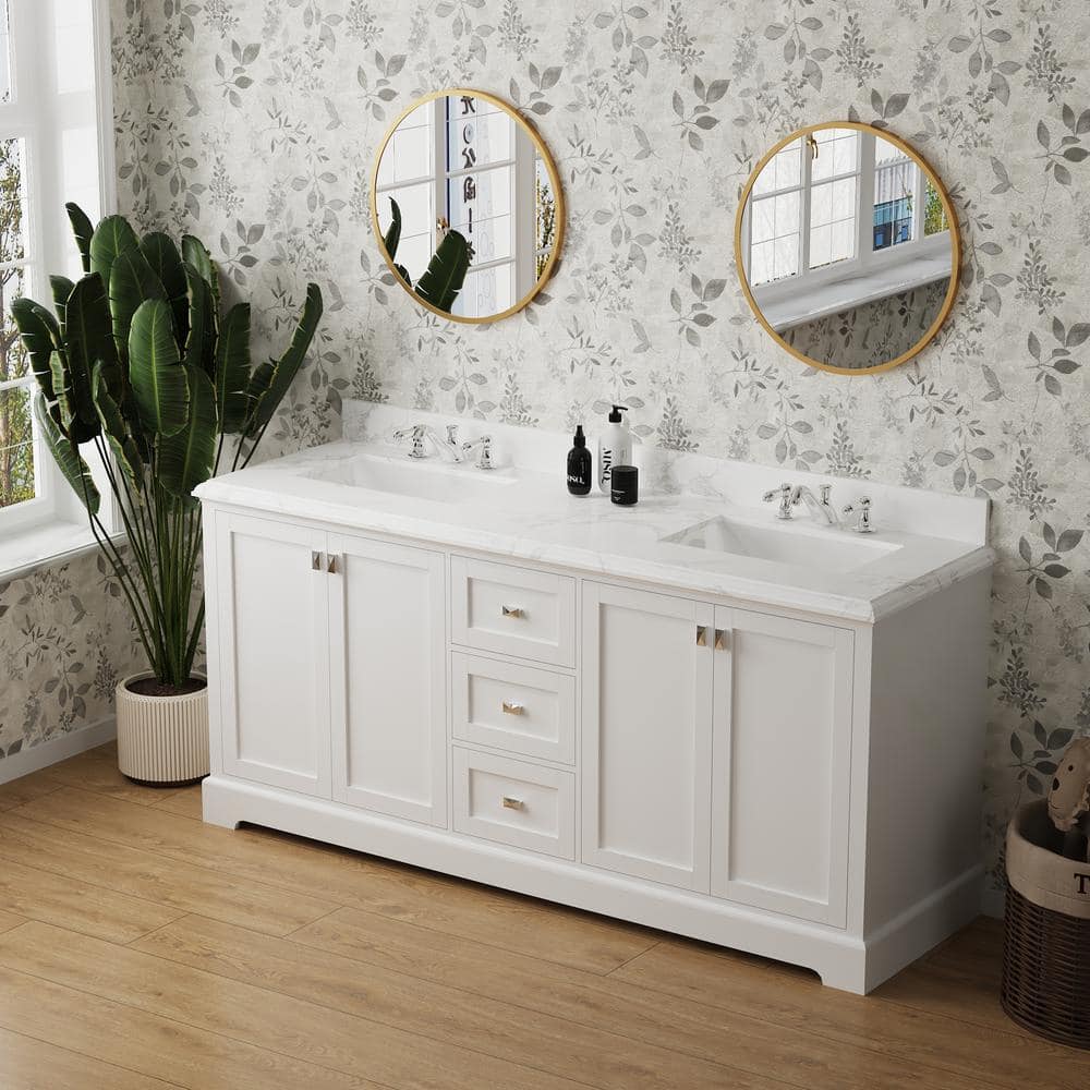 72'' White Plywood Double Bathroom Vanity with Marble Top