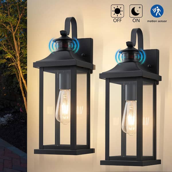 8 in. Matte Black Motion Sensing Dusk to Dawn Outdoor Hardwired Wall Lantern Sconce with No Bulbs Included