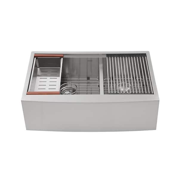 Low-Divide 16-Gauge Stainless Steel 33 in. 60/40 Double Bowl Farmhouse Apron Kitchen Sink with Bottom Grid