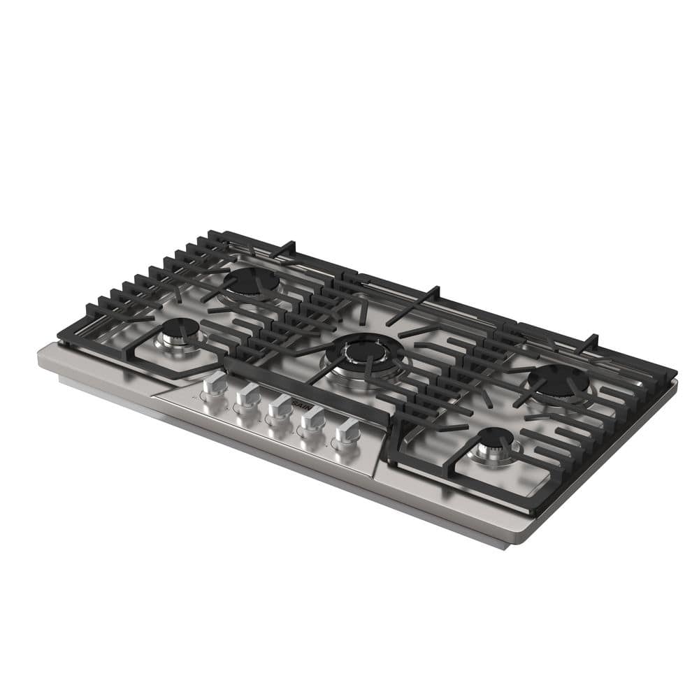 36 in. Gas Cooktop in Stainless Steel with 5 Sealed Burners, Cast Iron Grates, and Convertible Natural Gas/LP, Recessed