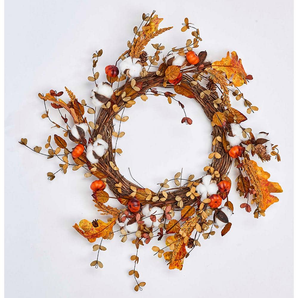 22 in. Artificial Cotton with Lvs and Mini Pumpkins Wreath on Natural Twig 