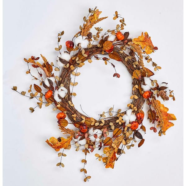 Unbranded 22 in. Artificial Cotton with Lvs and Mini Pumpkins Wreath on Natural Twig Base