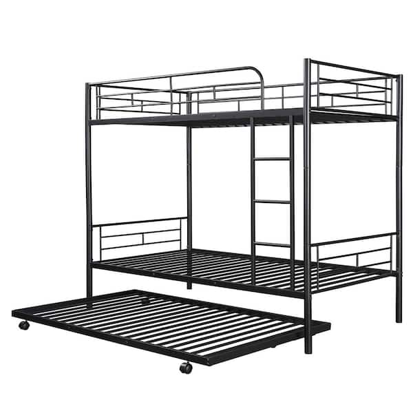 URTR Twin-Over-Twin Metal Bunk Bed with Trundle, Twin Trundle Bed Frame for Kids, Can be Divided into Two Beds, Black