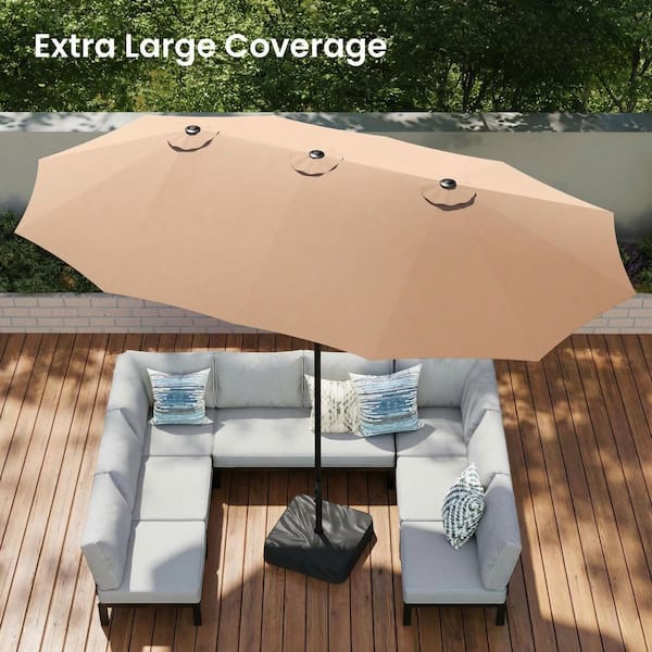 big y patio umbrellas Outsunny Extra Large 15ft Umbrella, Double-Sided Outdoor Market Umbrella with Crank Handle for Deck, Lawn, Backyard and Pool, Wine Red Built with a sturdy aluminum frame and covered in durable 10 ft double sided patio