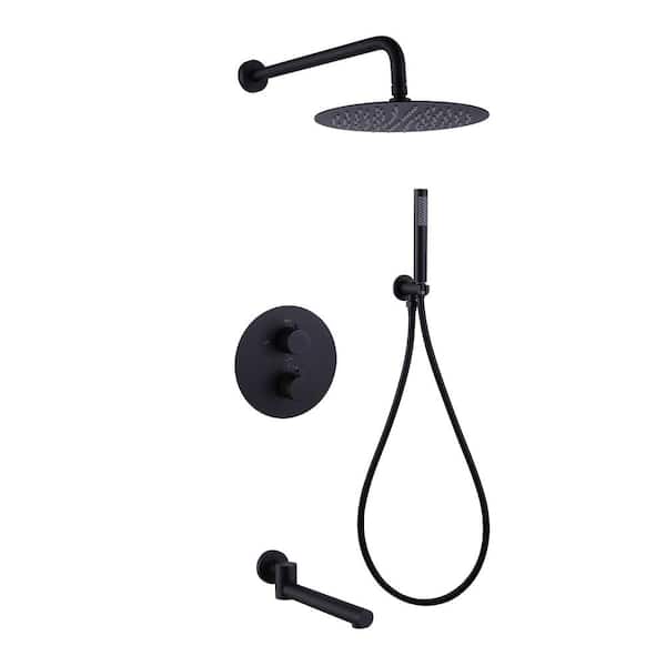 FLG Double Handle 1-Spray Thermostatic Tub and Shower Faucet 1.8 GPM Wall Mount Shower System in Matte Black Valve Included