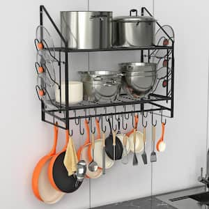 34.7 in. L x 13 in. W x 26.4 in. H 2-Tier Black Wall Mounted Pot Rack with 20-Hooks and 6-Pot Lid Holders