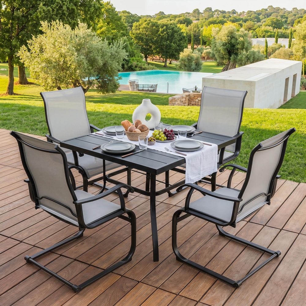 Black 5-Piece Iron and Textilene Square Outdoor Dining Set with Umbrella Hole, C-Spring Motion Chairs price history on PriceWatchPro