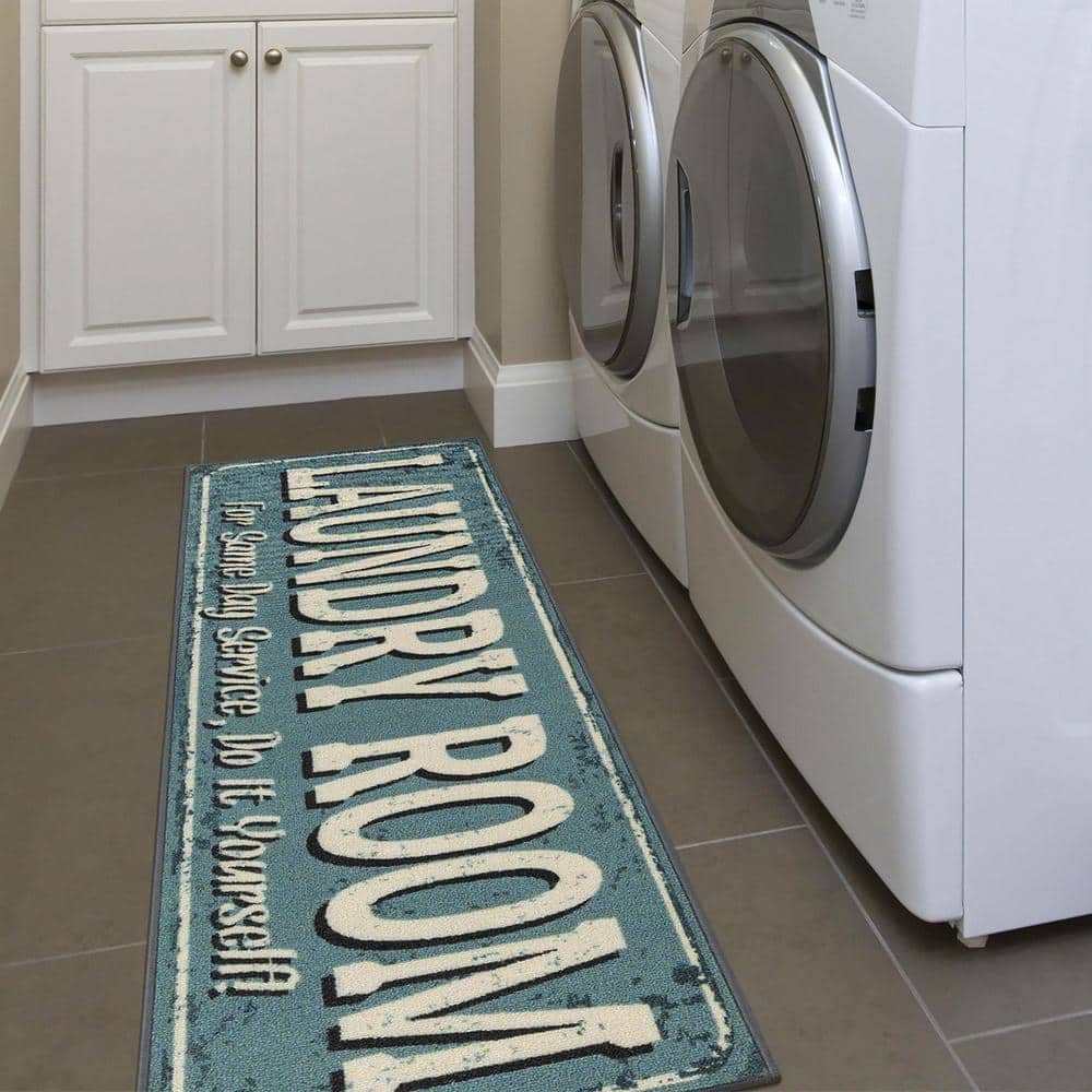 Baby Blue Rubberback Rectangular Laundry Room Runner Rug