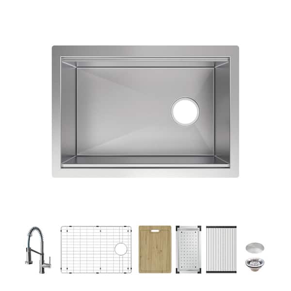 Professional Zero Radius 27 in. Undermount Single Bowl 16 Gauge Stainless Steel Workstation Kitchen Sink with Faucet