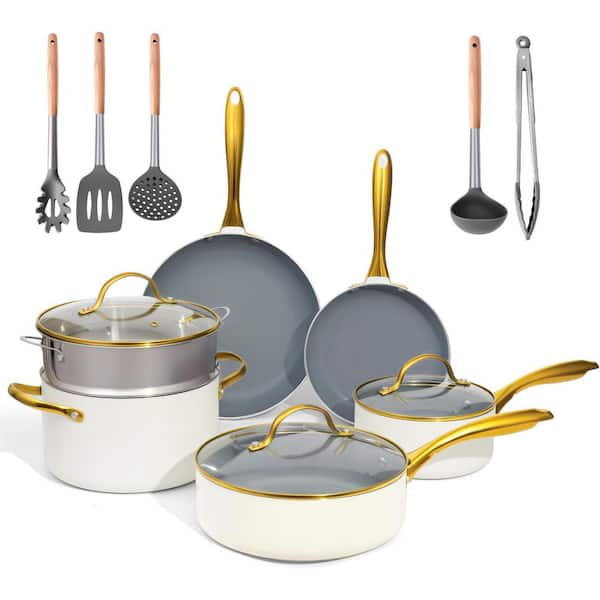 14-Piece Ceramic Nonstick Cream Gold Cookware Set with Lids and Silicone Utensils Induction Compatible