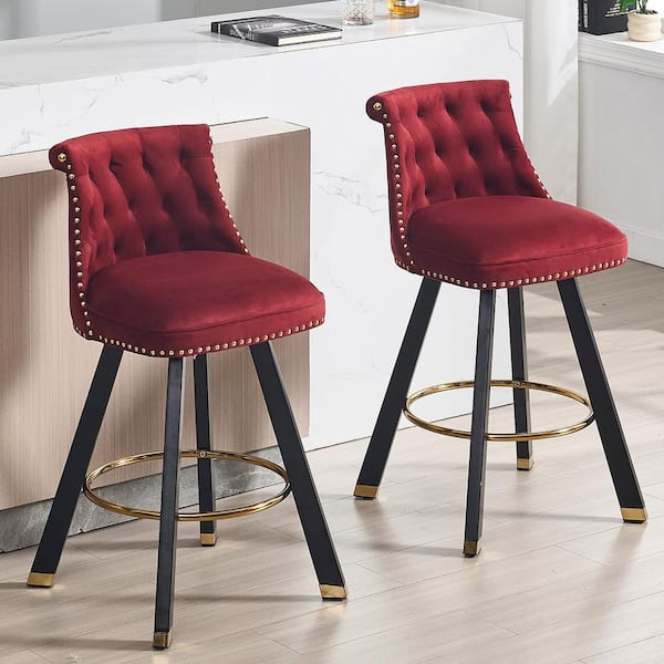 Modern Red Velvet Wood Swivel Counter Height Bar Stools with Tufted Backrest and Copper Nails Set of 2