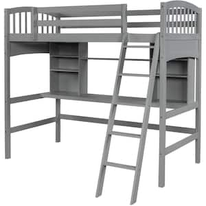 Gray Twin size Loft Bed with Storage Shelves, Desk and Ladder