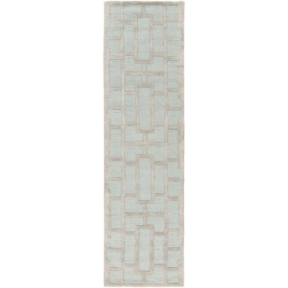 Blue Geometric Hand-Tufted Wool Runner Rug 2' 3" x 14'