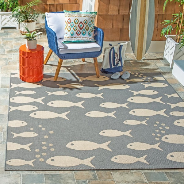 Courtyard Dark Gray/Beige 4 ft. x 4 ft. Novelty Fish Indoor/Outdoor Patio  Square Area Rug