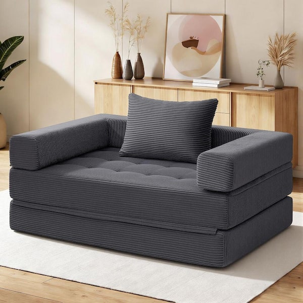 Convertible 50.39 in. Gray Corduroy Full Size Sofa Bed with Pillows and Adjustable Backrest