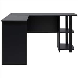 52.7 in. H W L-Shaped Black Wood Computer Desk with 2-Layer Bookshelves